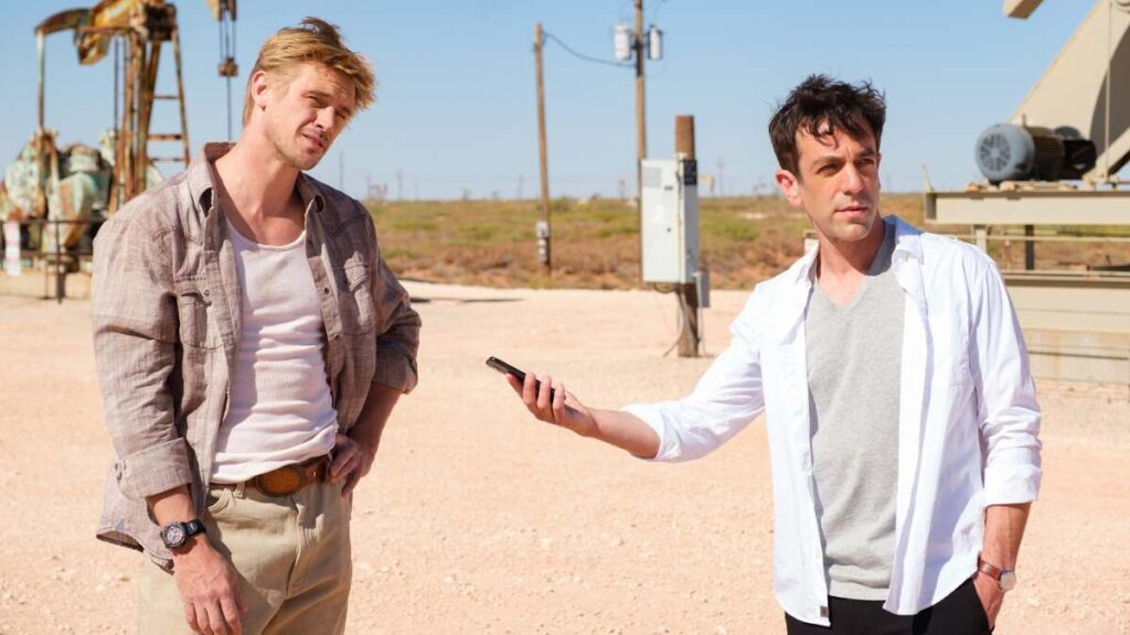 B.J. Novak on location during filming for a movie project