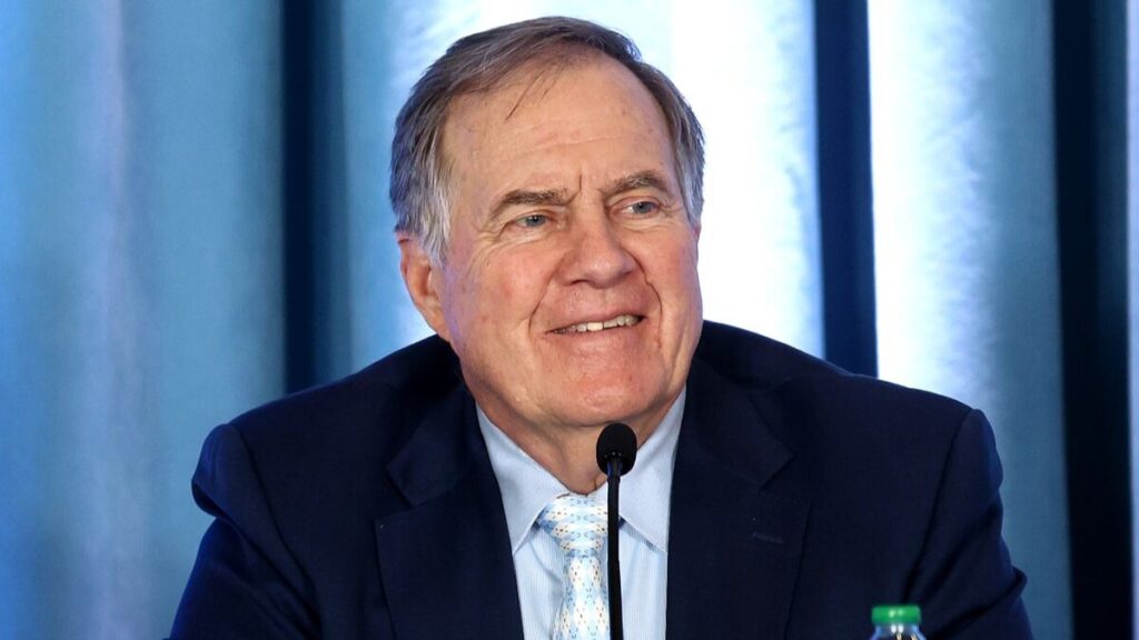 Bill Belichick coaching on the sidelines, representing his earnings from NFL salaries, endorsements, and investments.