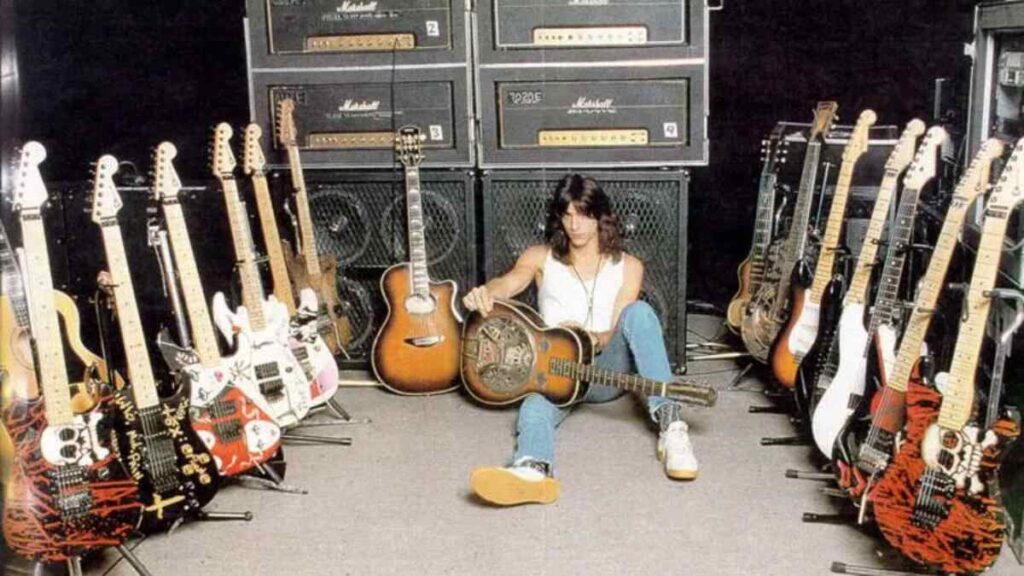 Vintage guitar collection symbolizing Billy Squier’s music-related wealth and assets.