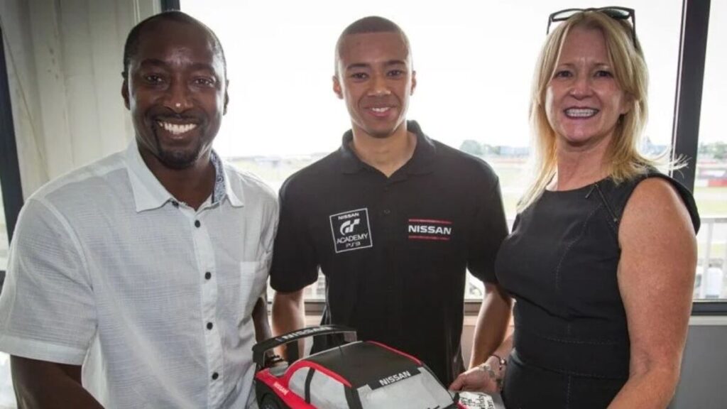 Jann Mardenborough with his parents, including his father Steve Mardenborough, a former professional footballer.