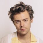 Harry Styles in a studio photo shoot, showcasing his signature eclectic style and bold fashion choices.