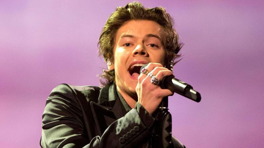 Harry Styles performing live during his Love On Tour concert, showcasing his solo music career.