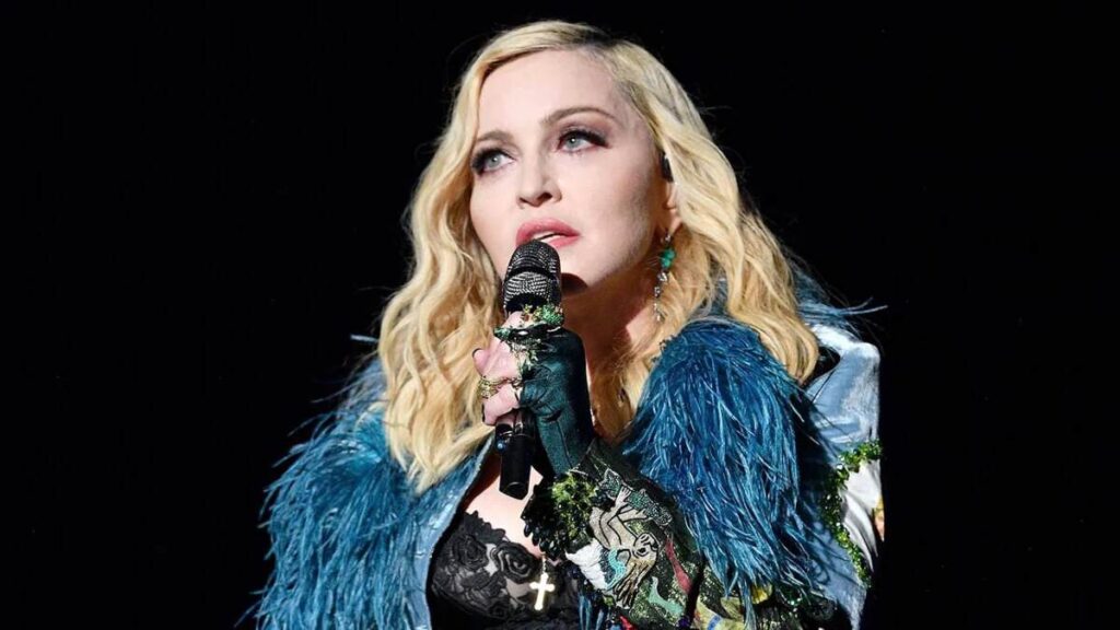 Madonna performing on stage through the decades, showcasing iconic career moments.