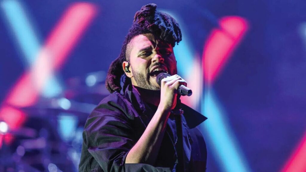 The Weeknd performing live on stage during his After Hours tour, showcasing his rise to global fame.