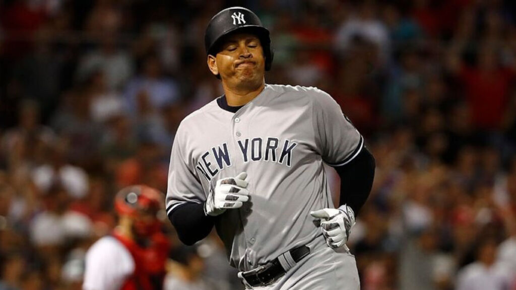 Alex Rodriguez celebrating a home run during the 2009 World Series with the New York Yankees.