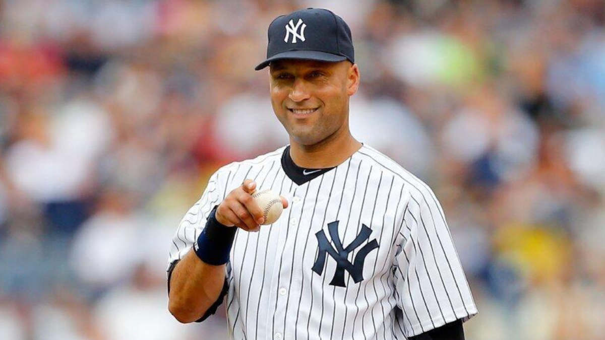 Derek Jeter playing shortstop for the New York Yankees during an MLB game