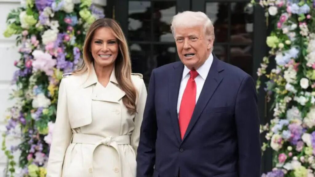 Donald and Melania Trump posing at Mar-a-Lago in formal attire