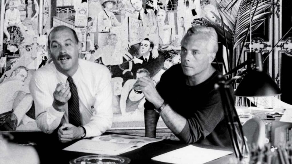 Giorgio Armani and Sergio Galeotti in the early years of Armani’s fashion empire, showcasing their close professional and personal partnership.