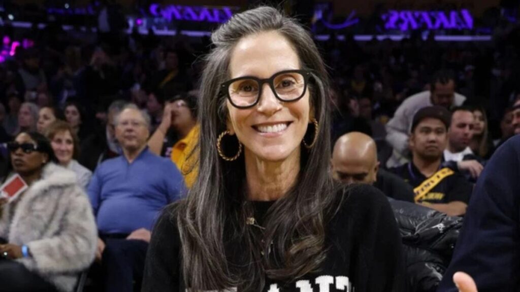 Jami Gertz courtside at an Atlanta Hawks game, representing her role as co-owner of the NBA team.