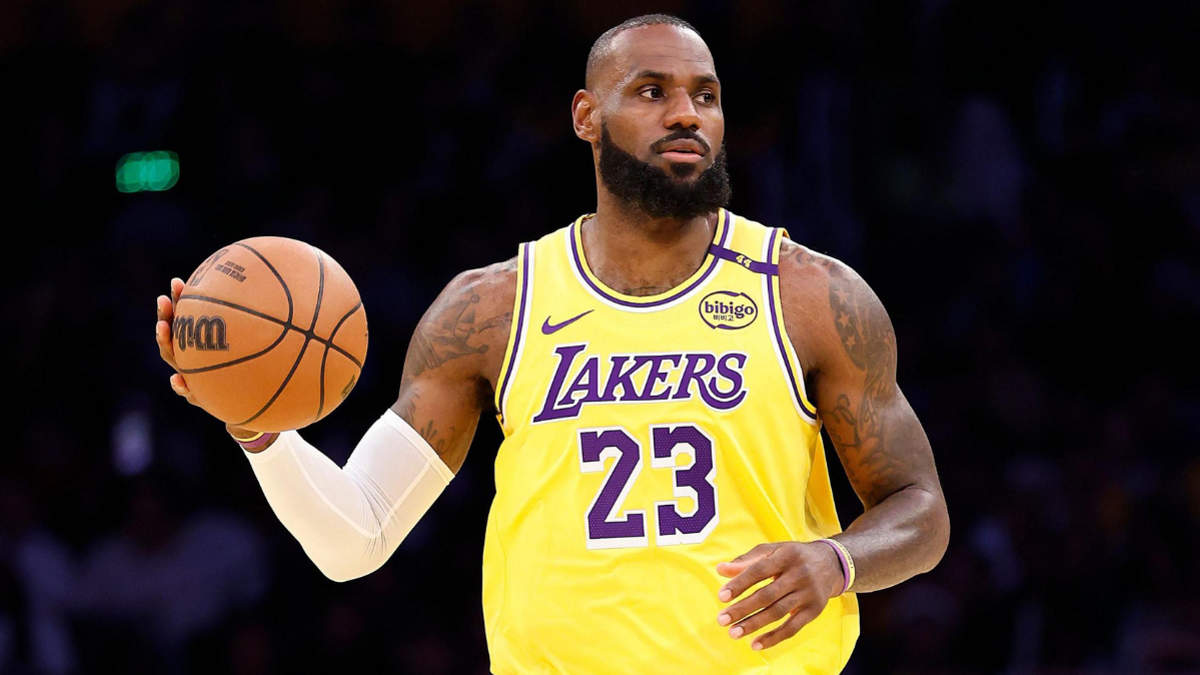 LeBron James dribbling during an NBA game with the Los Angeles Lakers