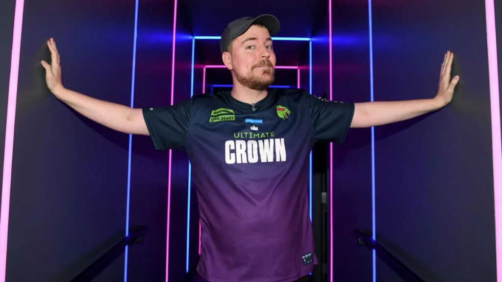 MrBeast on set filming a challenge video, representing his rise as a top YouTube creator and entrepreneur.