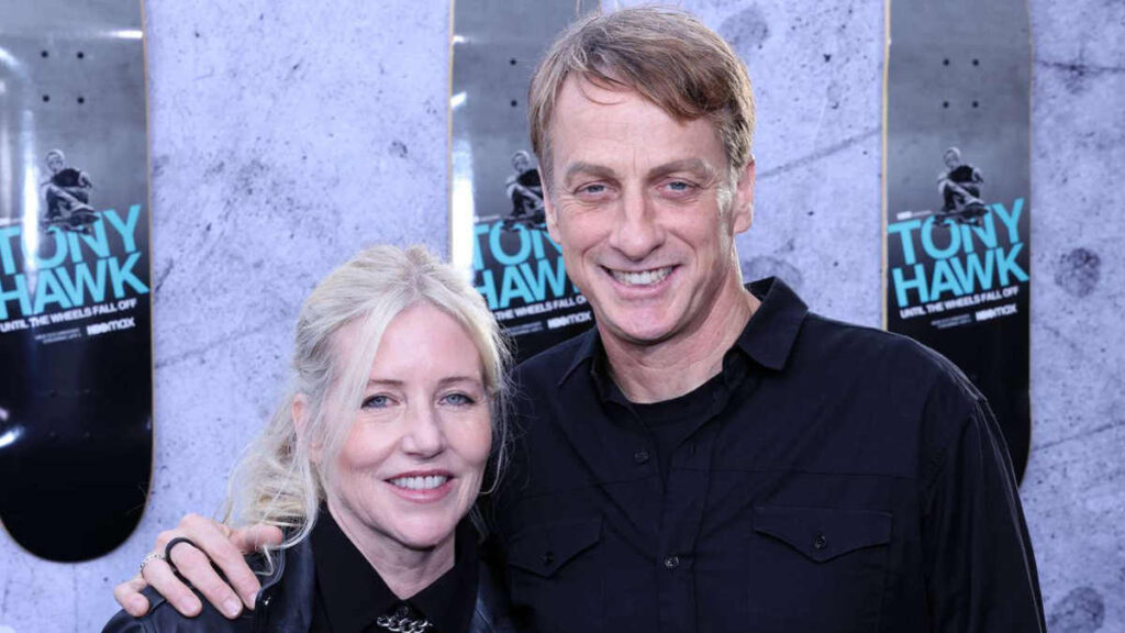 Tony Hawk with wife Catherine Goodman at a skateboarding fundraiser event.