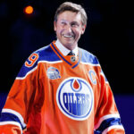 Wayne Gretzky skating during an NHL game in his Edmonton Oilers uniform