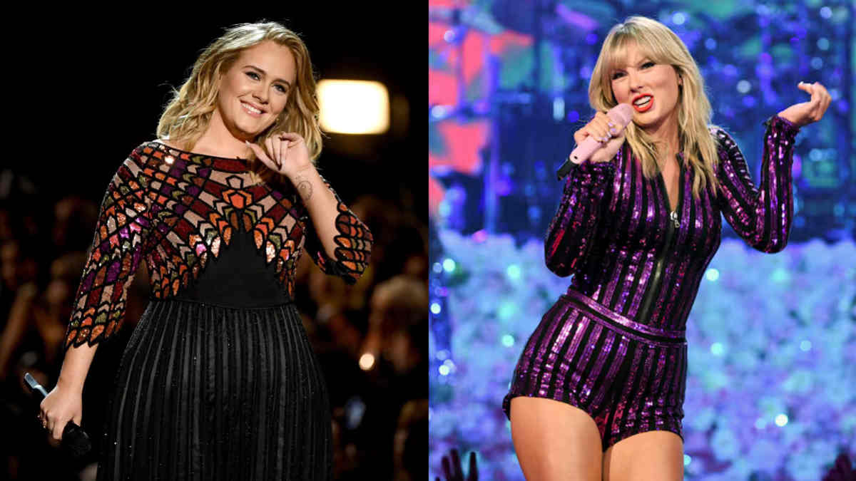 Side-by-side photo of Adele and Taylor Swift highlighting their 2025 net worth comparison and career achievements.