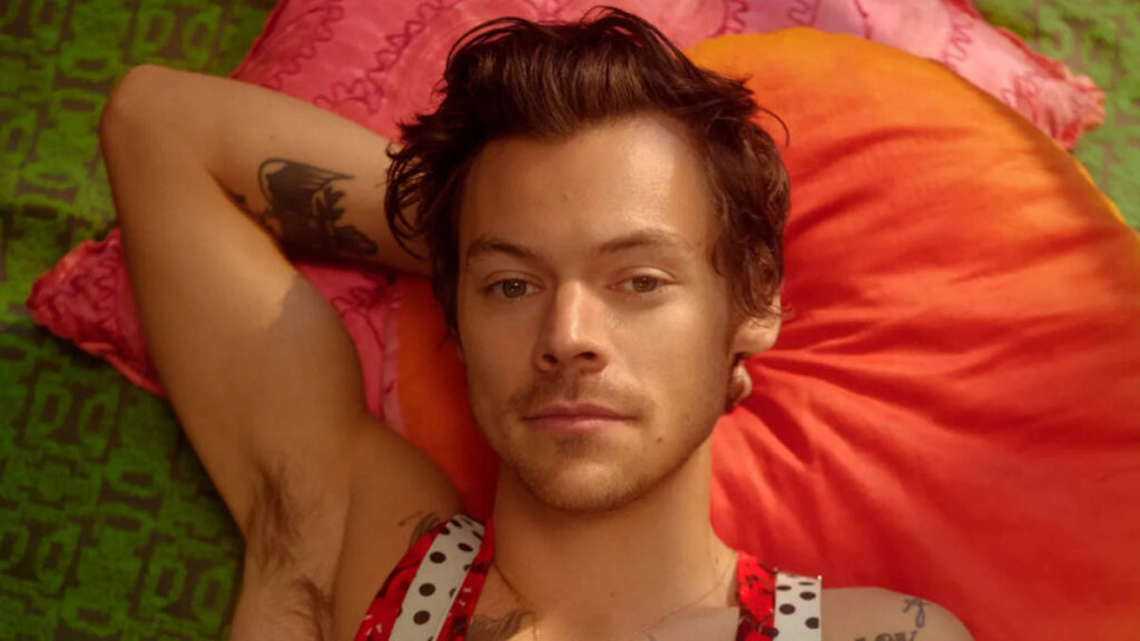 Harry Styles featured on the cover of Rolling Stone magazine, wearing a bold fashion look and showcasing his solo artist image.