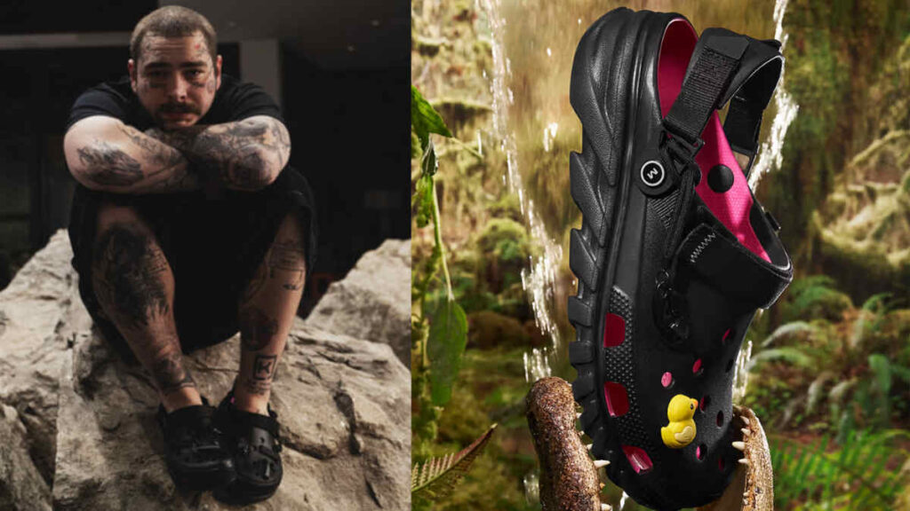 Post Malone wearing his Crocs collab design at a launch event, showcasing the limited-edition clogs with signature charms.