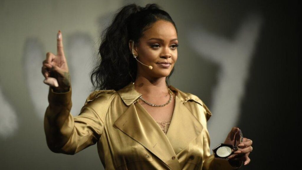 Rihanna modeling Savage X Fenty lingerie from her inclusive fashion line, showcasing bold designs and body-positive representation.
