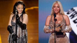 Rihanna vs Beyoncé side-by-side photo showcasing their fashion and public personas in 2025