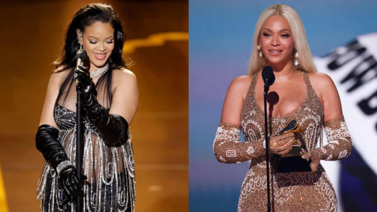 Rihanna vs Beyoncé side-by-side photo showcasing their fashion and public personas in 2025