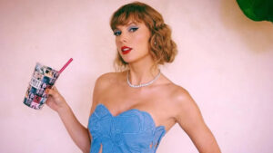 Taylor Swift at a promotional event with visual cues highlighting her entrepreneurial success and investment portfolio.