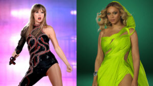 Infographic comparing Taylor Swift and Beyoncé’s net worth in 2025 by income streams, including touring, music catalog, endorsements, and real estate.