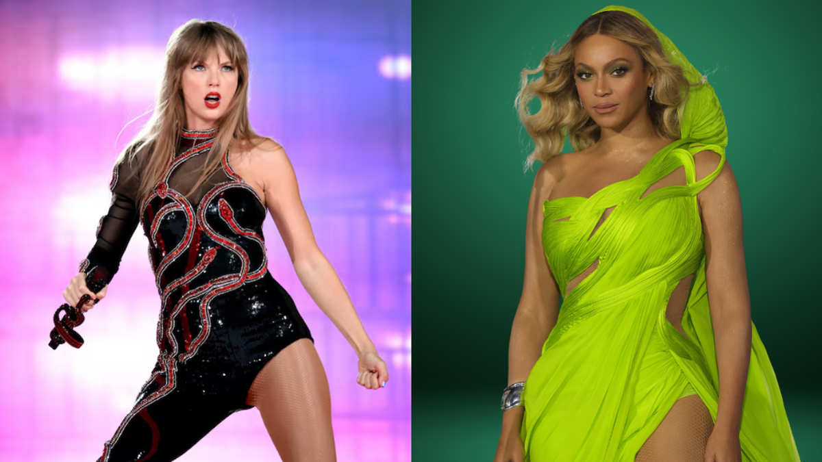 Infographic comparing Taylor Swift and Beyoncé’s net worth in 2025 by income streams, including touring, music catalog, endorsements, and real estate.